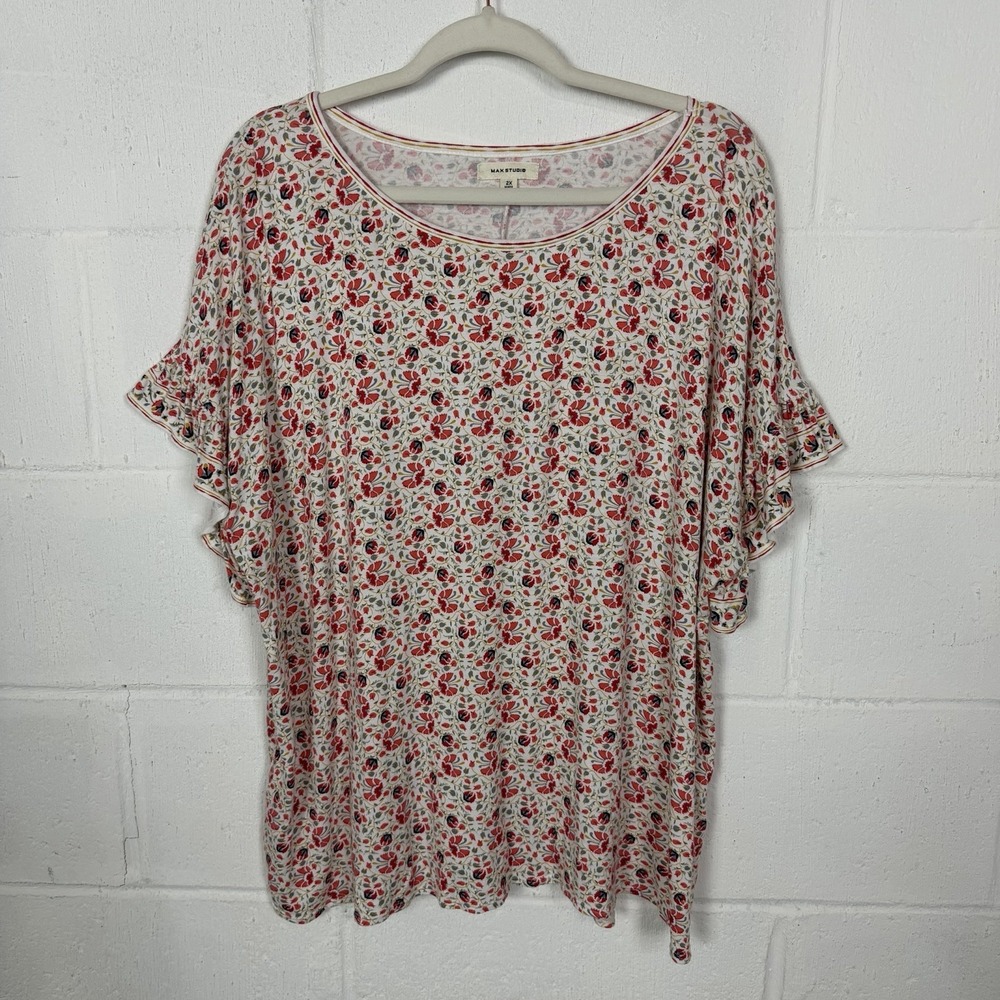 Max Studio Stretch Knit Drapey Top Floral Ruffle Dainty Spring Bloom Office 2X
